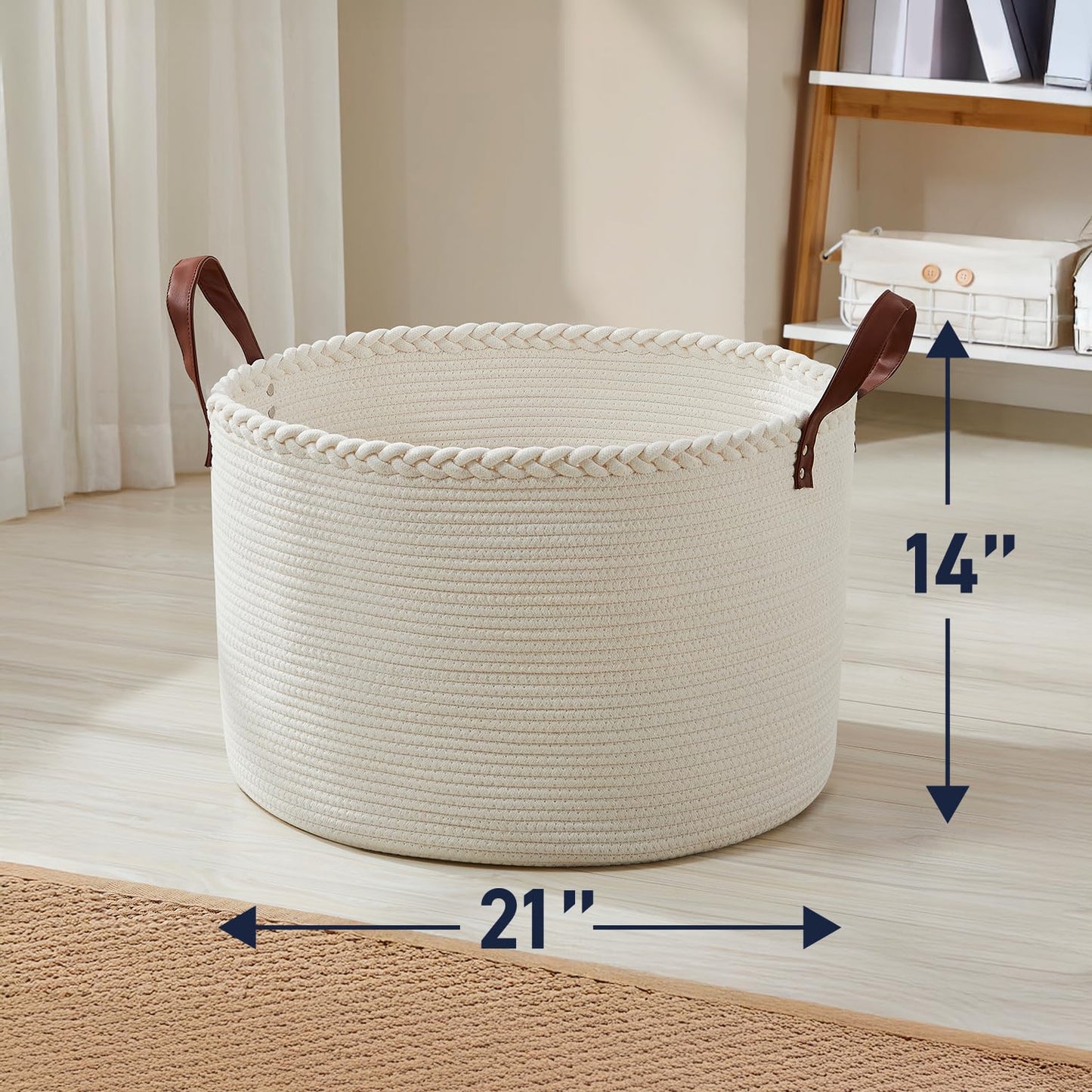Organizix XLarge Round Cotton Rope Storage Basket Bin Organizer Laundry Hamper with Leather Handles, 21 x 21 x 14, Extra Large Blanket Woven Basket for Nursery - Cream