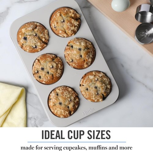 Martha Stewart Gallen 6-Cup Muffin Pan - Nonstick Carbon Steel Bakeware for Easy Release & Even Baking - Cool Grey