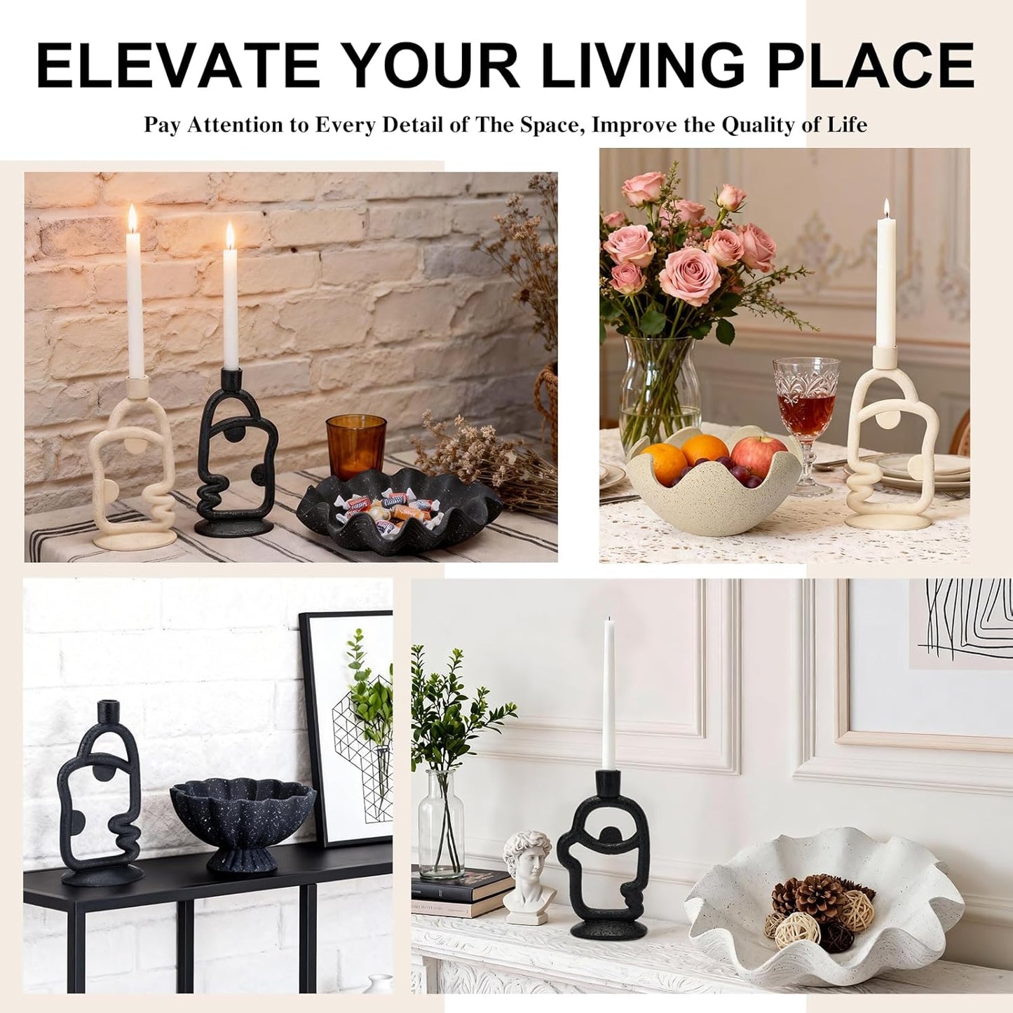 Skiennix Face Decorative Taper Candle Holder - Modern Abstract Design | Beige Tall Centerpiece Decor