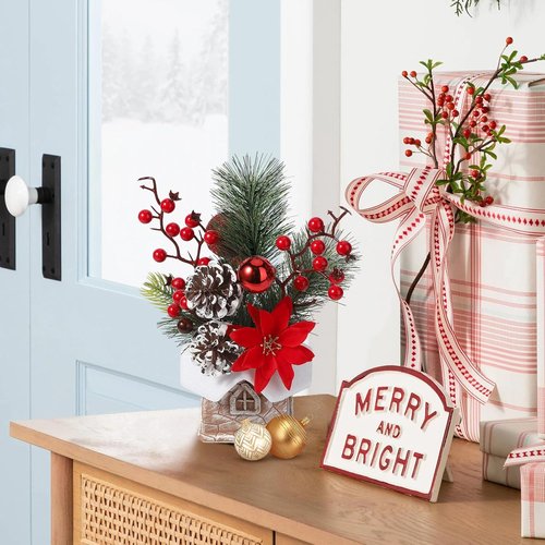 Hatisan Artificial Christmas Tree - Small Tabletop Design with Ornaments & Pine Cones | Red for Holiday Decor