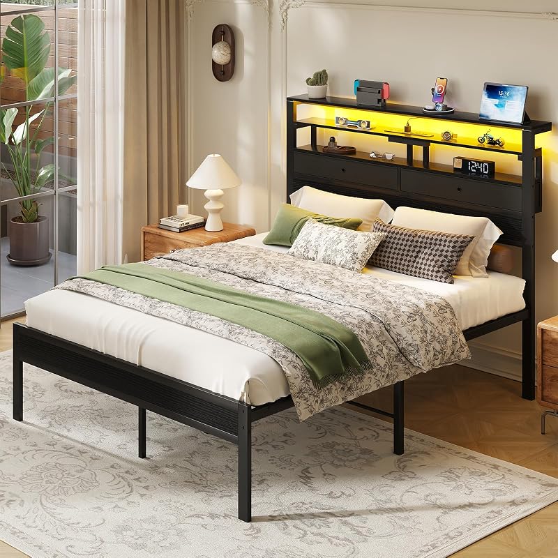 Queen Bed Frame with LED Lights, USB/AC/Type-C Charging Station, 3-Tier Headboard Storage & Under-Bed Drawers