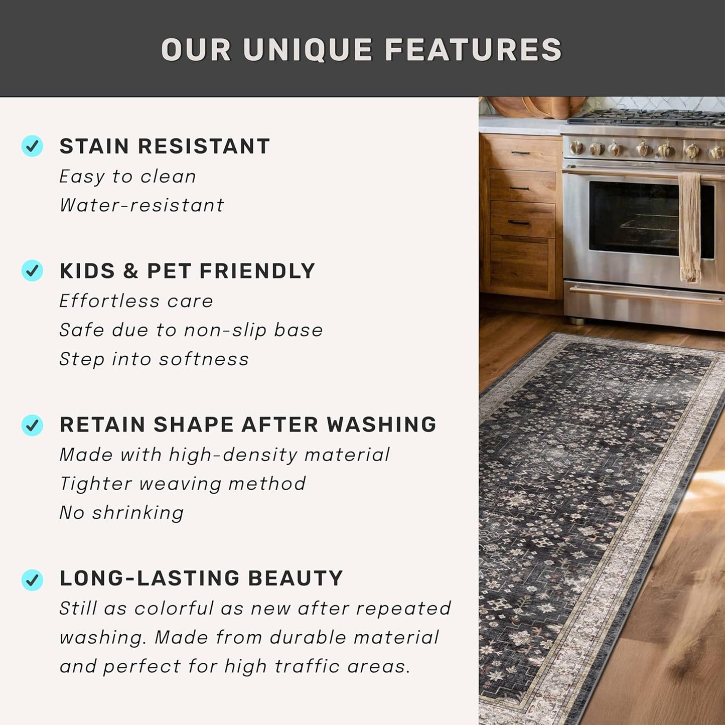 Skiennix Black Boho Washable Entry Rug - Non-Slip Rubber Backing | Stain & Fade Resistant, 3x4 ft