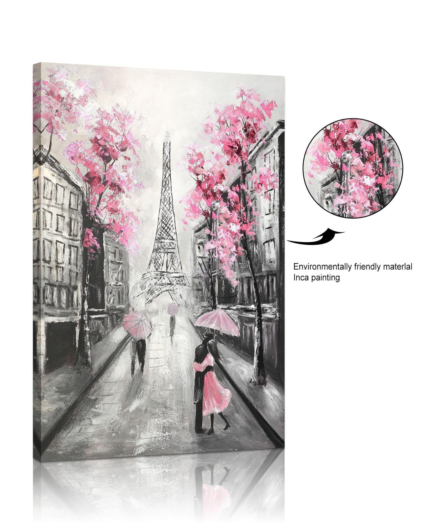 YPY Abstract Paris Canvas Wall Art: Black White Eiffel Tower Hand Painted Oil Painting, Pink and Grey Picture Print Room Decor for Teen Girls Bedroom Bathroom 24" x 36"
