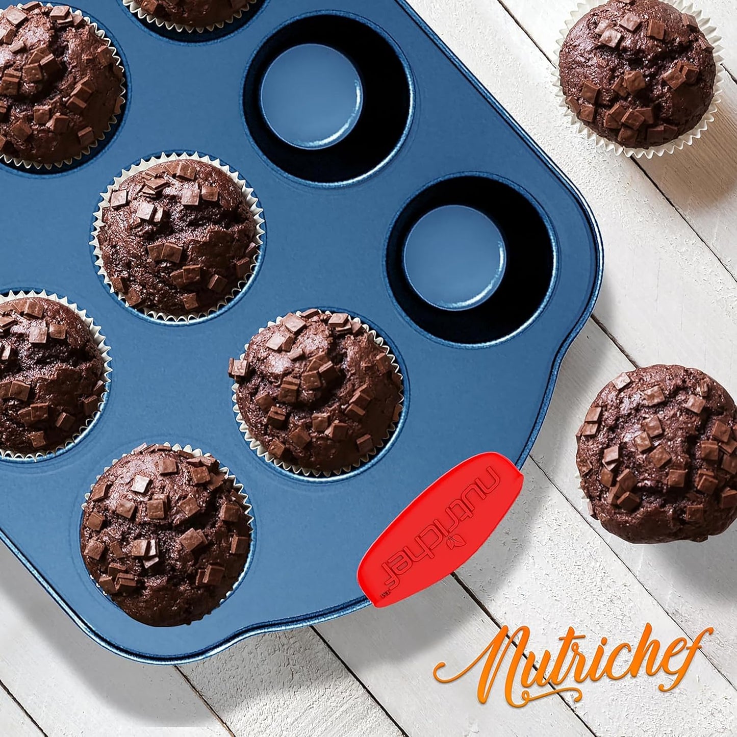 NutriChef 8-Piece Nonstick Baking Pan Set - Premium Carbon Steel Bakeware with Silicone Handles - Blue