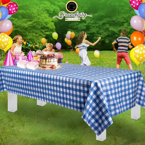 Grandipity Premium Disposable Plastic Picnic Tablecloth - Blue Checkered Gingham | 54" x 108" Size