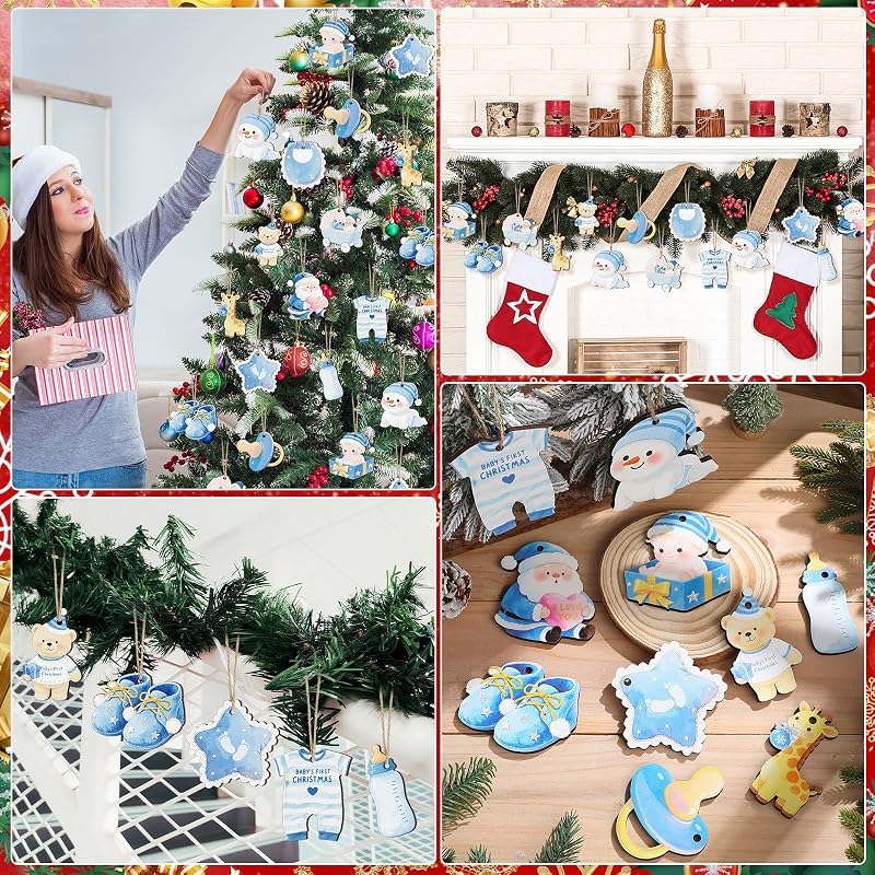 Baby's First Christmas Ornaments 24 Pcs Wooden Keepsake - Blue Boy, 12 Styles (Variation: Boy)