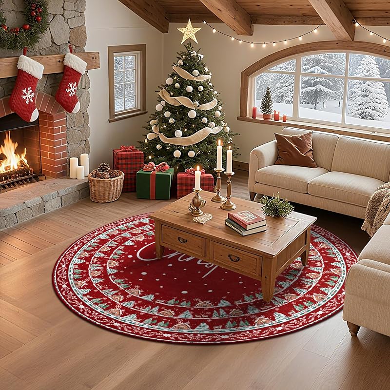 Round Christmas Area Rug 5ft - Washable Non Slip Indoor Circle Carpet, Variation: Christmas Words+5'