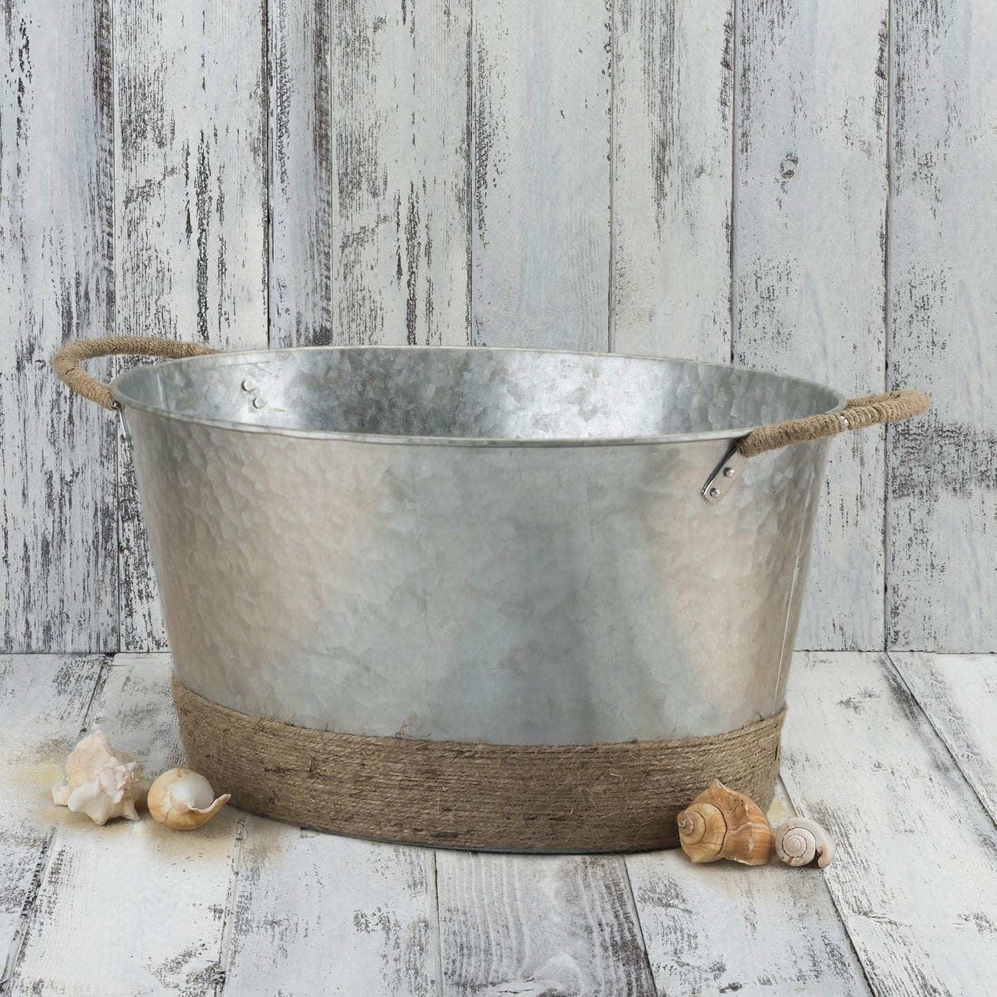 Twine Seaside Jute Rope Wrapped Farmhouse Galvanized Ice Metal Beverage Tub, Wine, Beer Bottle Bucket, 4.5 Gallons