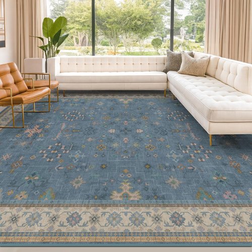 Hazo Haus Blue Area Rug - Dusty Blue 10x12 Washable Floral Design for Living Room & Bedroom Decor