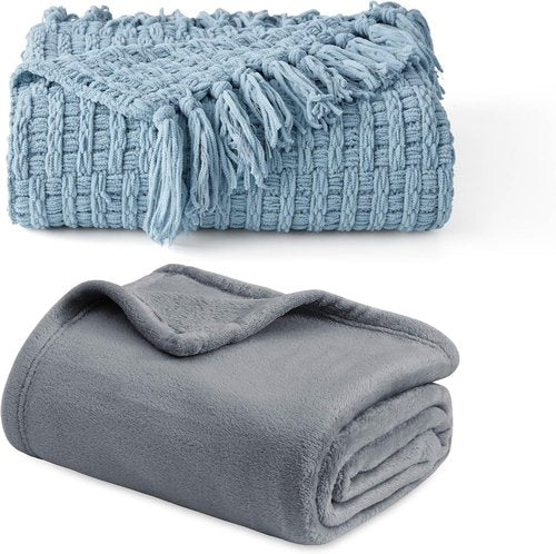 Bedsure Fleece Blanket Bundle - Queen Size Grey & Blue Knit Throw Blanket 50x60 Inches