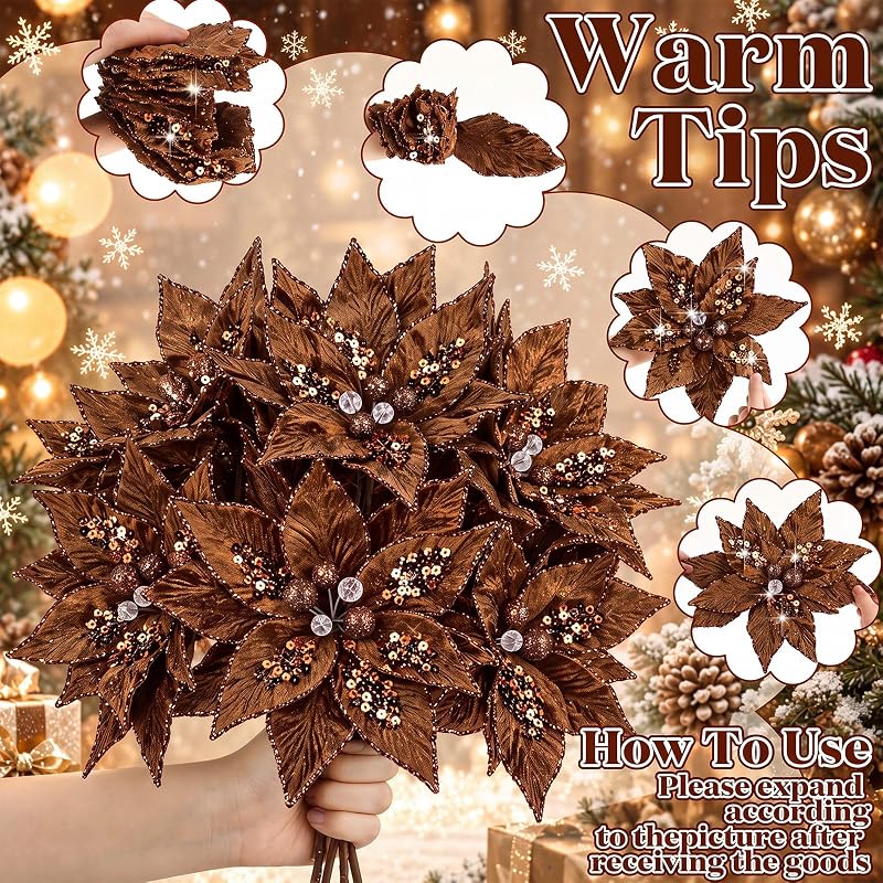 8 Pcs Velvet Christmas Poinsettia Flowers with Stems - Dark Brown (Variation of THIS listing)