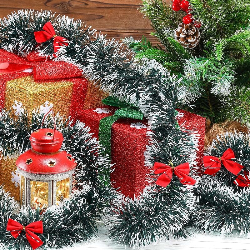 150ft Christmas Tinsel Garland with 114 Red Bows - Dark Green, Variation: Dark Green+114+150ft