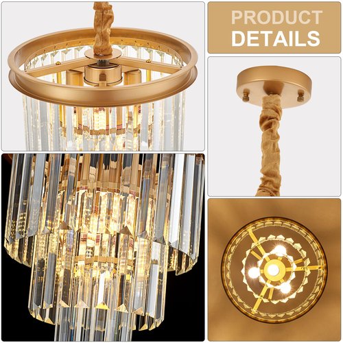 Faibra 4-Light Gold Crystal Pendant Light, 3-Tier 11.8" Luxury Crystal Pendant Light Perfect for Dining Room, Bedroom, Kitchen, Living Room