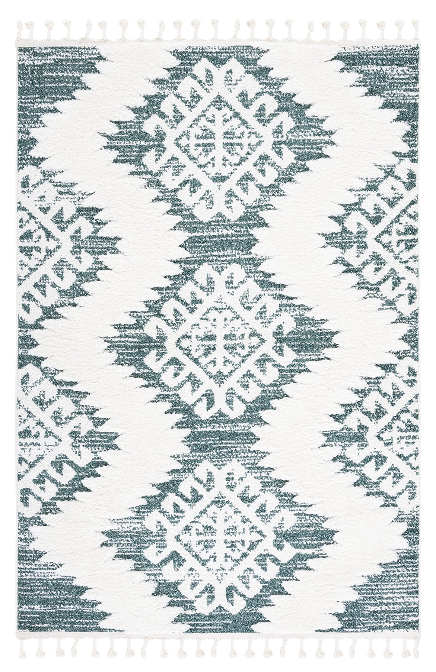 SAFAVIEH Moroccan Tassel Shag Collection Accent Rug - 4' x 6', Green & Ivory, Boho Design, Non-Shedding & Easy Care, 2-inch Thick Ideal for High Traffic Areas in Foyer, Living Room, Bedroom (MTS652Y)