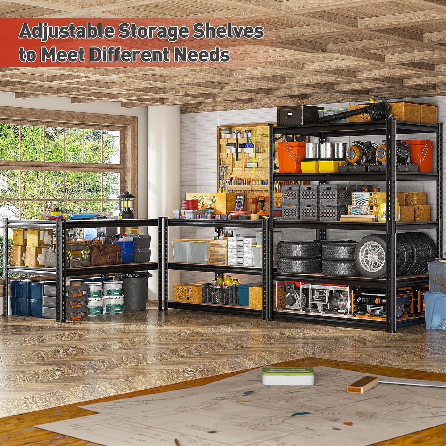 REIBII 5-Tier Heavy Duty Storage Shelves - Adjustable Metal Shelving Unit for Garage, Basement, Kitchen | 72" H x 35.55" W x 16" D, Black
