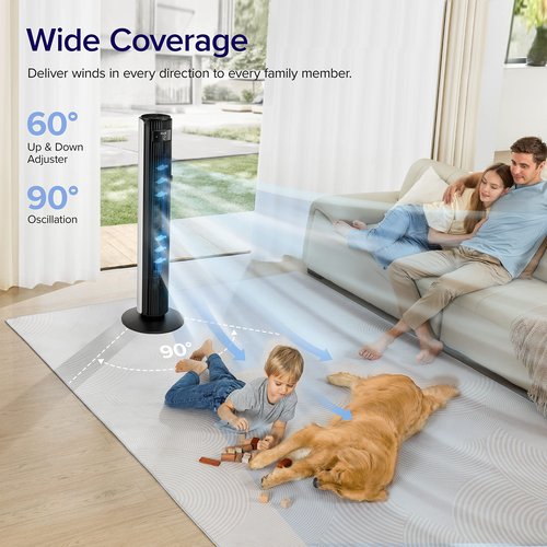 LEVOIT Classic 42inch Tower Fan for Home, 1252 CFM Powerful Home Fans that Blow Cold Air, 25dB Mute for bedroom sleep, 90° L&R, 60° U&D Oscillation, 12H Timer, 12-Speed and 4-Mode with sensor, Remoter
