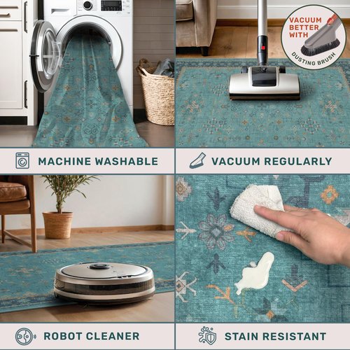 Washable Teal Rugs for Entryway Indoor - 3x5 Throw Rug for Large Kitchen, Bedroom Bedside, Bathroom, Mudroom, Boho Turquoise Modern Décor, Non Slip Low Pile Fade Resistant