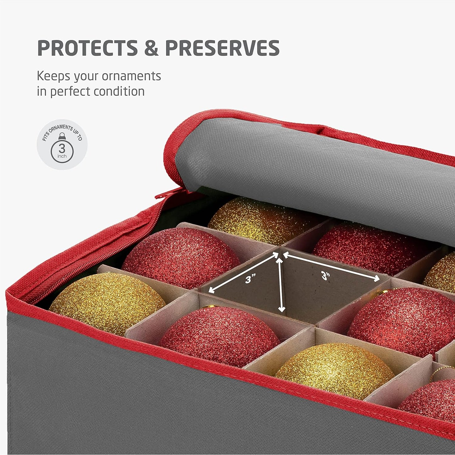 ZOBER Large Christmas Ornament Storage Box | Holds 128 3" Ornaments - Durable Organizer with Dividers & Extra Pockets - Gray