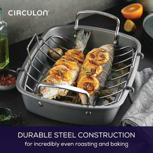 Circulon Total Bakeware Nonstick Roasting Pan with Rack - 17-Inch x 13-Inch, Gray Finish