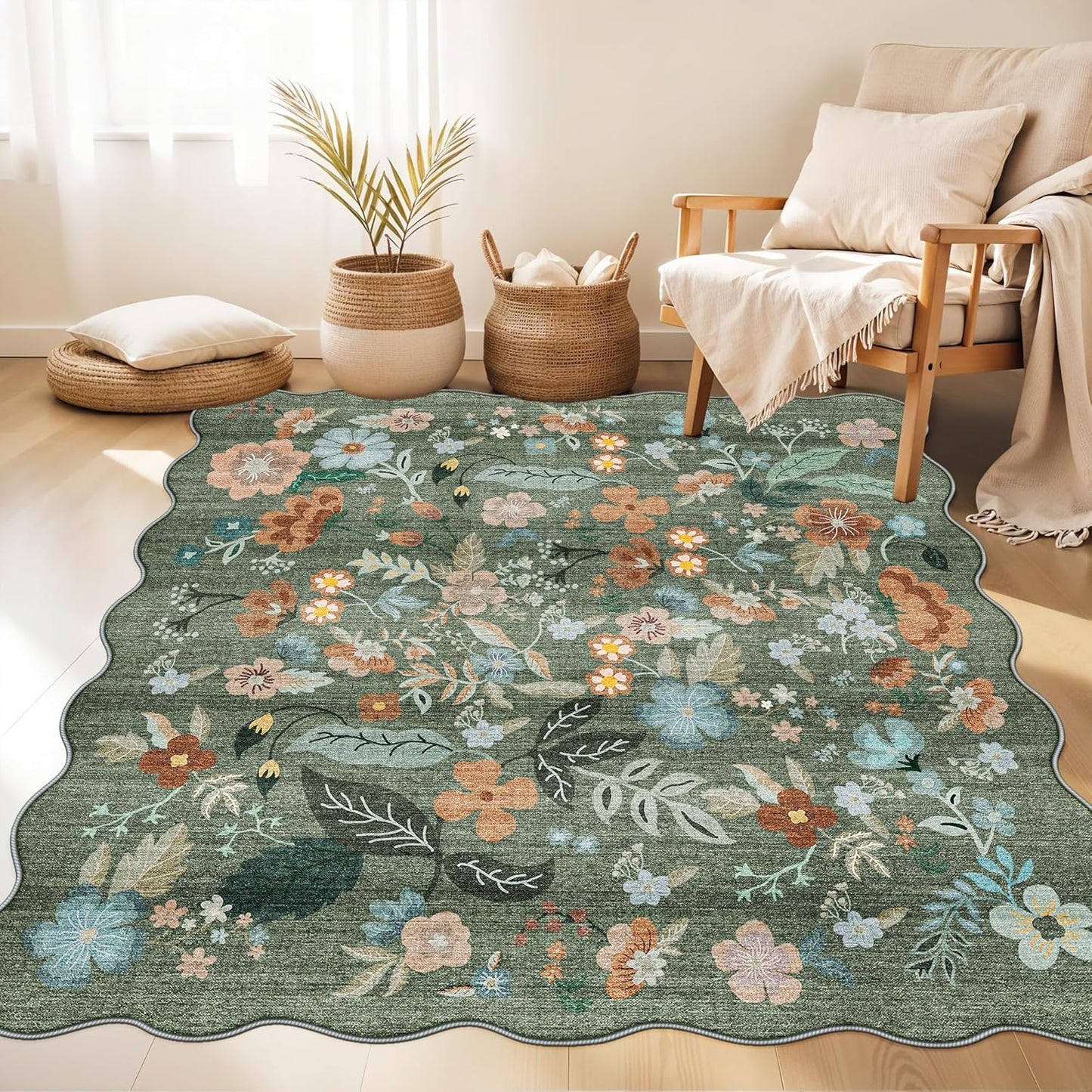Skiennix Floral Square Area Rug - Washable 5x5 Soft Water-Resistant Carpet for Living Room & Bedroom