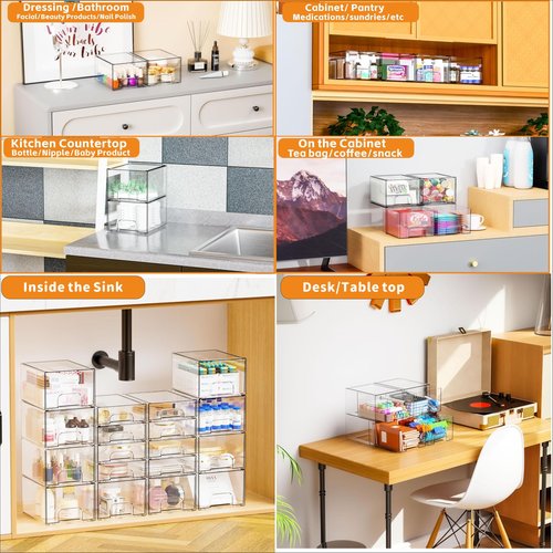 4.4" Tall Small Clear Acrylic Stackable Storage Drawers for Vanity,Under Sink,Bathroom Closet,Medicine Cabinet Organization and Plastic Storage Bins for Organizing Makeup,Baby Bottles,Pacifier,4 PCS