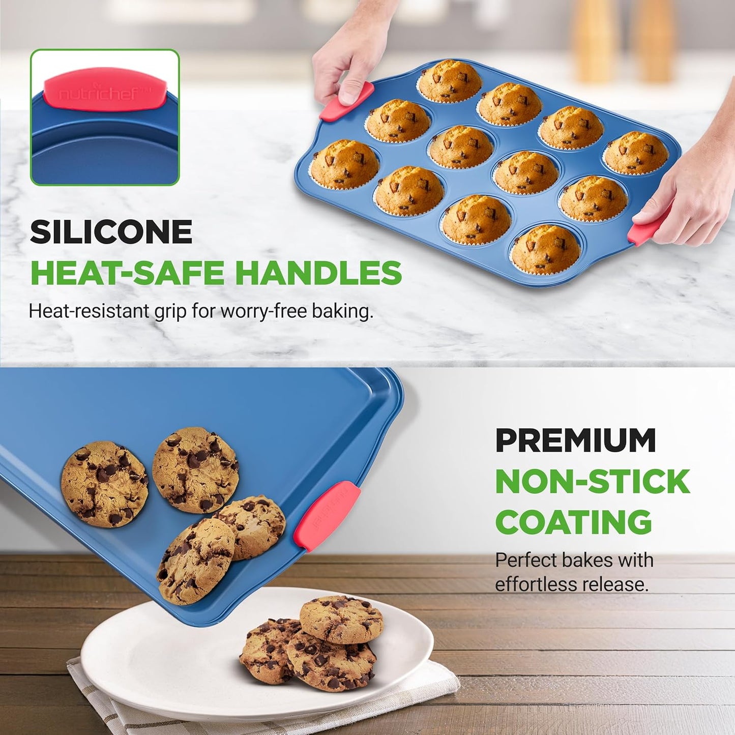NutriChef 6-Piece Bakeware Set - Nonstick Carbon Steel Pans with Red Silicone Handles | Durable & Stain-Resistant (Blue)