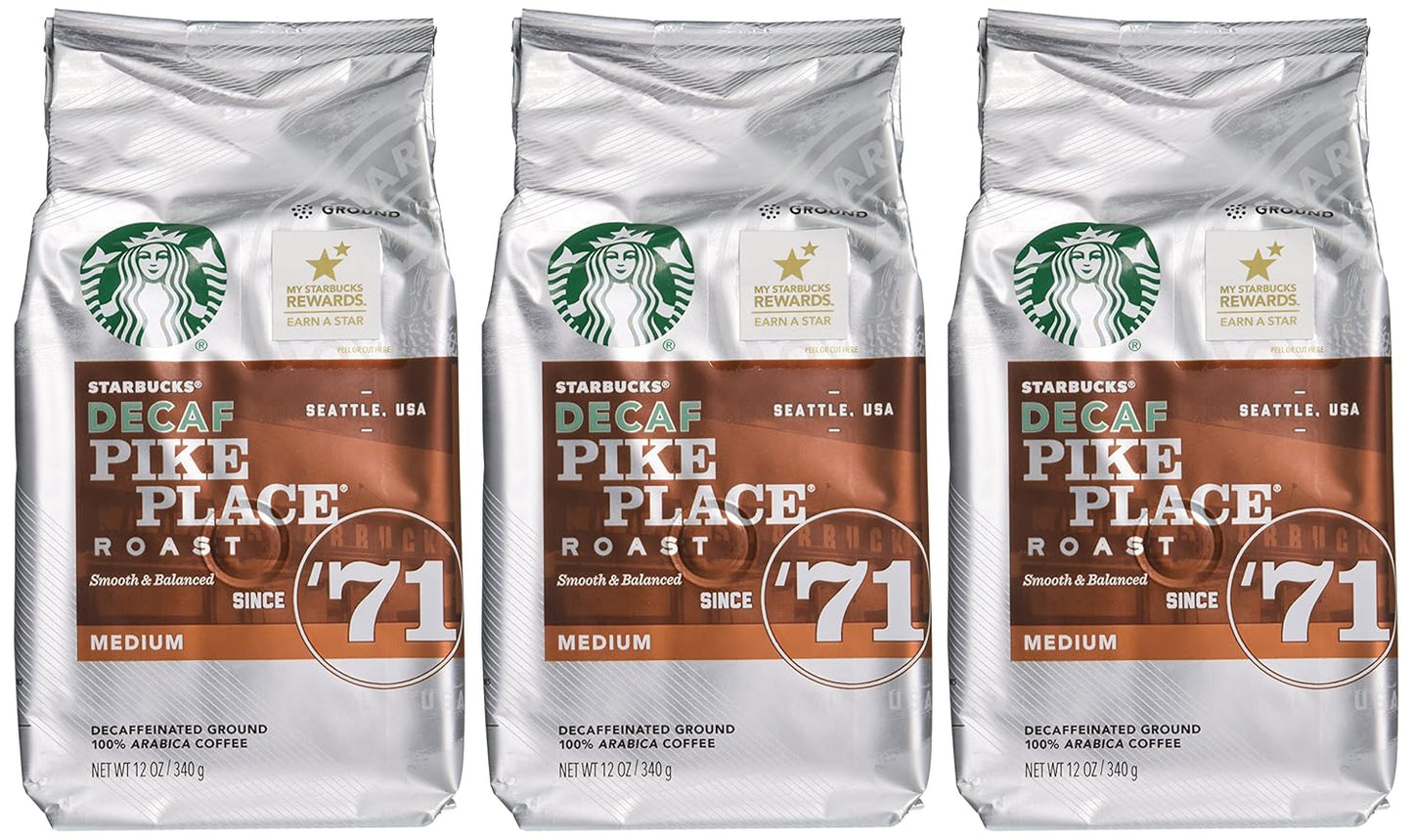 Starbucks Decaf Pike Place Roast - Ground Coffee, 12 oz. Bag | Pack of 3 for Smooth Flavor