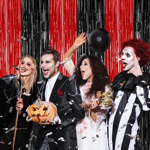 8 Pack Halloween Party Supplies - Red & Black Foil Streamer | 3.28 FT x 7.05 FT Metallic Fringe Curtains
