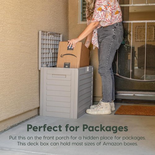 IRIS USA 35-Gallon Outdoor Storage Box - Lockable, UV-Protected & Weather-Resistant | Stylish Beige Design for Cushions & Garden Tools