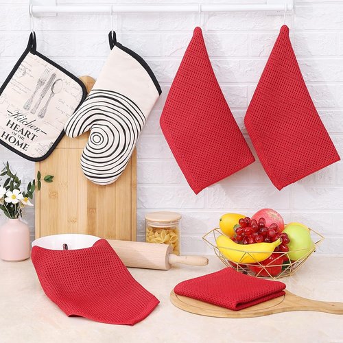 Homaxy Kitchen Dish Cloths - 100% Cotton Waffle Weave, Ultra Soft & Absorbent, 12x12 Inches, 6-Pack, Red
