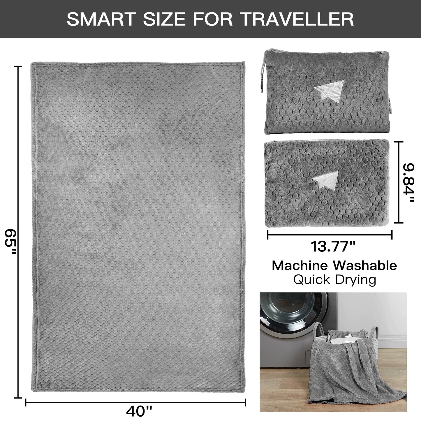 Plush & Plaid 2-Pack Travel Blanket Airplane Compact with Bag, Mid-Weight Soft Throw Blanket Pillow for Long/Short Flight, Portable Packable with Luggage Sleeve and Backpack Clip, 40x65, Gray