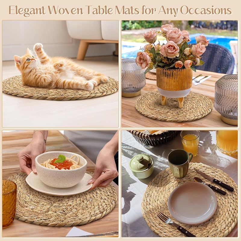 12-Inch Round Bulrush Placemats Set of 24 - Natural Hand-Woven Table Mats (Variation: 24+12 Inch)