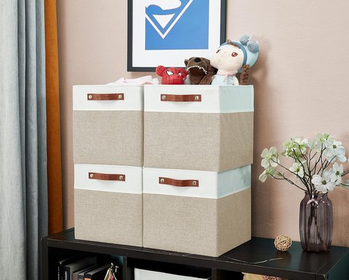 DECOMOMO Fabric Cube Storage Bins - Stylish Beige & White Storage Baskets for Kallax | 11-Inch Cube - 4 Pack