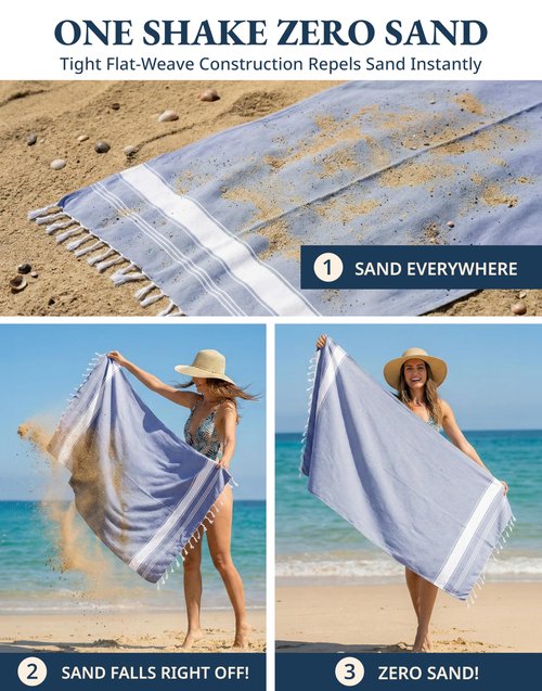 LANE LINEN Turkish Beach Towels, 2 Pack Extra Large Beach Towel, Pre-Washed for Soft Feel, Oversized Sand Free Quick-Dry Pool Towel, Beach Towels for Adults, 39"x71" - Forever Blue