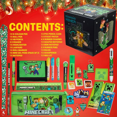 **Minecraft Advent Calendar 2025 - 24 Fun Items Including Keychains, Pens & Notebooks - Perfect Gamer Xmas Gift**