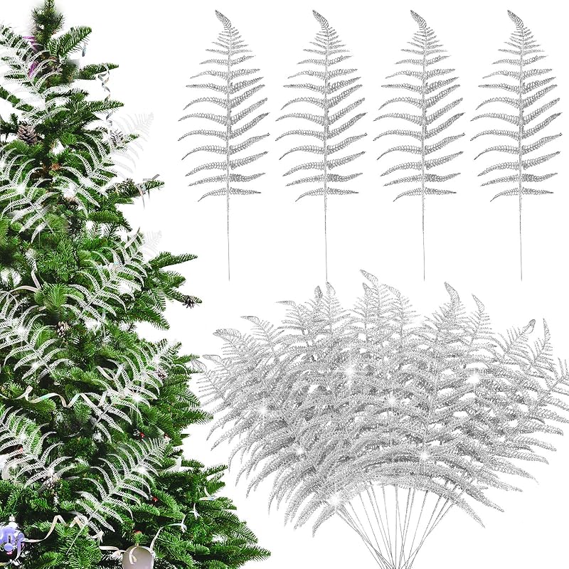 Christmas Glitter Leaves Picks 20 Pcs - Silver Abstract Leaves for Tree, Wreaths, Decor (Variation: Silver+20)