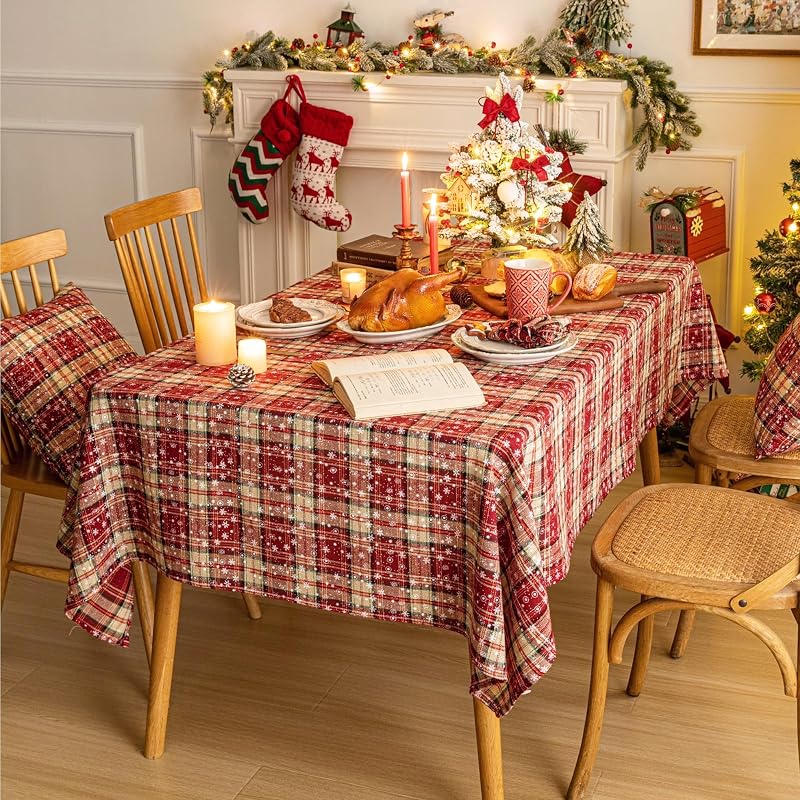 Red Plaid Snowflake Christmas Tablecloth 60" x 104" – Rectangular (Variation: Red Plaid Snowflake+60" x 104")