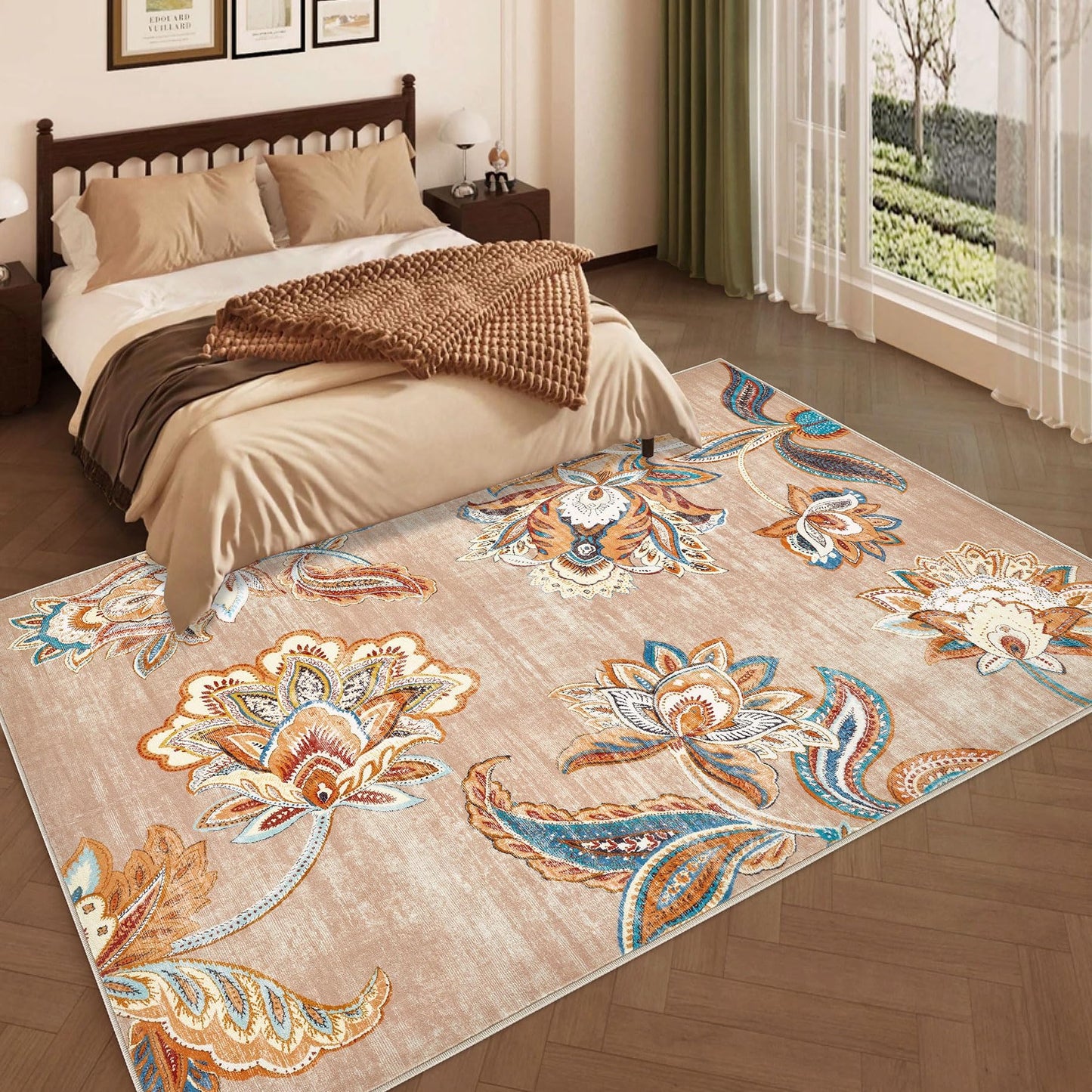 XLUEZ Living Room Rug 5x7 Rug, Machine Washable Boho Area Rug Non-Slip Vintage Floral Rug Soft Low Pile Large Rugs for Bedroom Kitchen Dining Table Office Kids Playroom(Beige,5'x7')