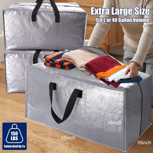 Cosy Family Extra Large Moving Bags - 8 Pack with Backpack Straps, Strong Handles & Zippers | 40 Gallon, Silver