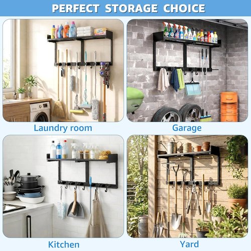 HUFAND Broom Holder Wall Mount - Heavy Duty Mop Organizer with Top Shelf & Vacuum Hook | 27" Black Utility Rack for Laundry, Garage, Kitchen, Garden
