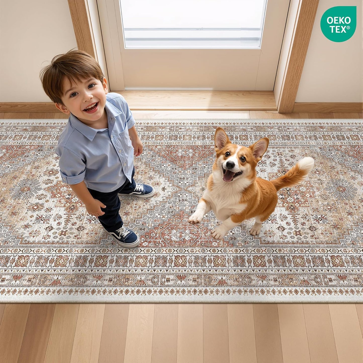 Skiennix Runner Rug - Non-Slip Vintage Hallway Runner | Washable 2x8 Soft Rug in Orange