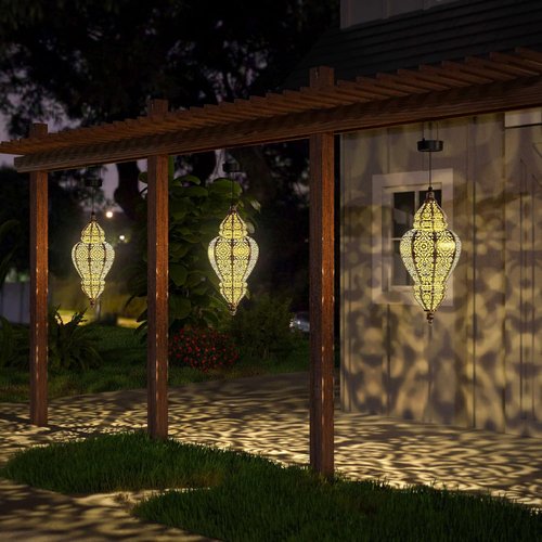 Hapjoy Moroccan Solar Lanterns - Waterproof Outdoor Garden Decor | Gold Hanging Lights (1 Pack)