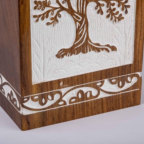 INTAJ Rustic Tree of Life Urn - Rosewood, Antique White, 250 Cubic Inch, Memorial Urn for Ashes, Funeral, Cremation, Burial