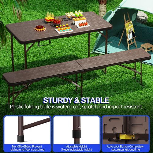 VSOAEIL Folding Table 4 Foot for Indoor Outdoor, Portable Heavy Duty Fold-in-Half Utility Small Plastic Adjustable Height Folding with Carrying Handle for Picnic Camping and Party, Brown