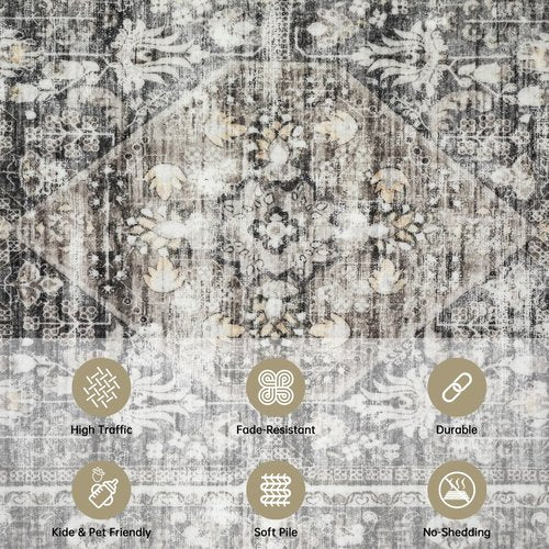 GarveeHome Washable Area Rug - 8x10 Vintage Distressed Gray Rug for Bedroom, Living Room, Dining Room - Soft, Non-Shedding, Stain Resistant - 8'x10' Grey/Brown