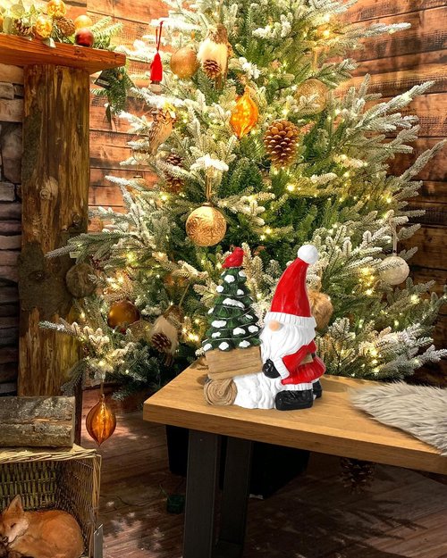 iStatue Santa Gnome Figurine - Lighted Mini Christmas Tree & Cardinal Decor - 9.5 Inch Holiday Tabletop Decor