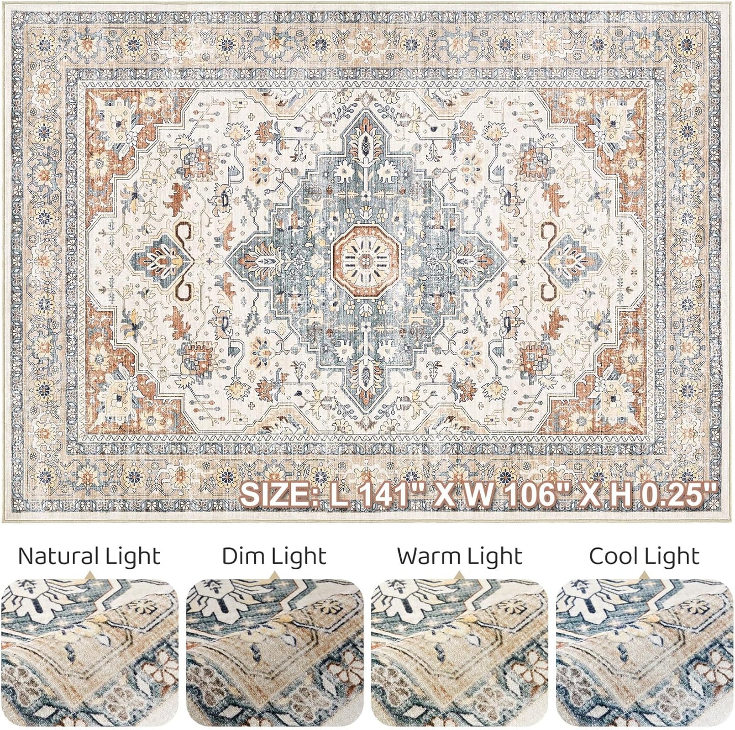 Skiennix 9x12 Area Rug - Washable Boho Vintage Design | Soft, Stain-Resistant Indoor Carpet in Beige & Blue