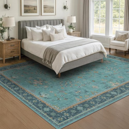 Boho Teal 7x9 Soft Rug - Washable Turquoise Vintage Carpet for Living Room & Bedroom