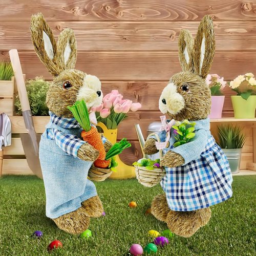 DearSun 14" Easter Straw Bunny Figurine - Blue Sisal Rabbit Holding Carrots | Spring Table Decor for Home & Garden
