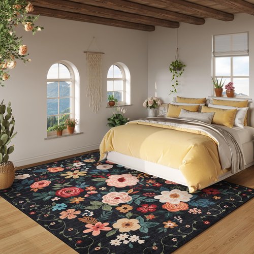 DUKINO 5x7 Area Rug, Floral Design, Lightweight Non Slip Washable, Indoor Low Pile & Non-Shedding Boho Rug for Bedroom, Living Room, Dining Room, Black